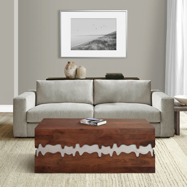 Allen 45 Inch Acacia Wood Coffee Table, Artistic Wavy Design, Walnut Brown and Off White - UPT-274768