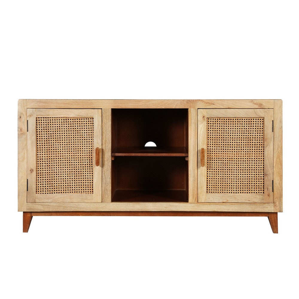 Aru 58 Inch Sideboard Buffet Cabinet, 2 Cane Doors n Open Shelves, 2 Tone Antique Brown Mango Wood - UPT-276365