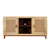 Aru 58 Inch Sideboard Buffet Cabinet, 2 Cane Doors n Open Shelves, 2 Tone Antique Brown Mango Wood - UPT-276365