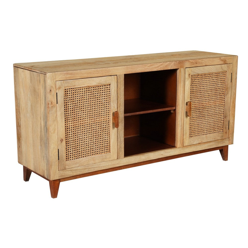 Aru 58 Inch Sideboard Buffet Cabinet, 2 Cane Doors n Open Shelves, 2 Tone Antique Brown Mango Wood - UPT-276365