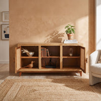Aru 58 Inch Sideboard Buffet Cabinet, 2 Cane Doors n Open Shelves, 2 Tone Antique Brown Mango Wood - UPT-276365
