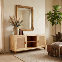 Aru 58 Inch Sideboard Buffet Cabinet, 2 Cane Doors n Open Shelves, 2 Tone Antique Brown Mango Wood - UPT-276365