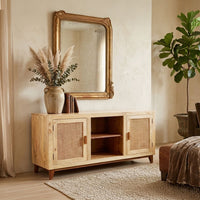 Aru 58 Inch Sideboard Buffet Cabinet, 2 Cane Doors n Open Shelves, 2 Tone Antique Brown Mango Wood - UPT-276365