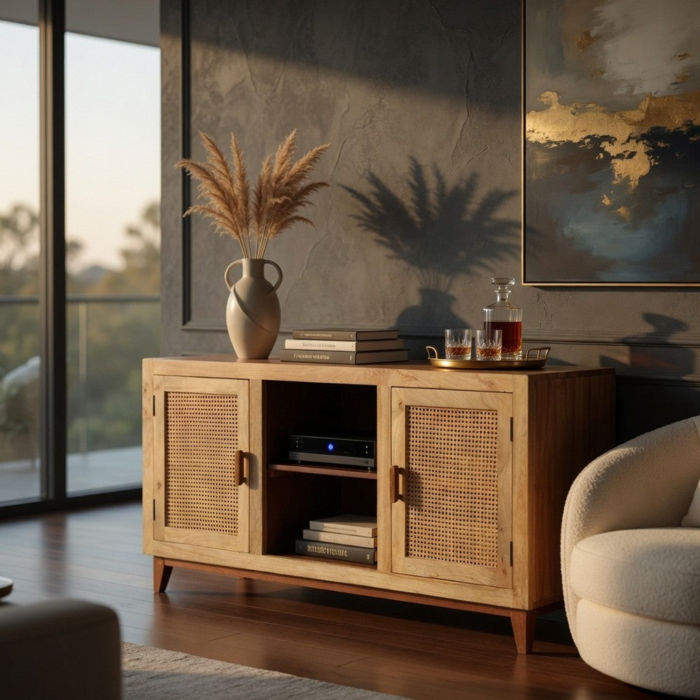 Aru 58 Inch Sideboard Buffet Cabinet, 2 Cane Doors n Open Shelves, 2 Tone Antique Brown Mango Wood - UPT-276365