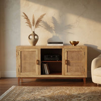 Aru 58 Inch Sideboard Buffet Cabinet, 2 Cane Doors n Open Shelves, 2 Tone Antique Brown Mango Wood - UPT-276365