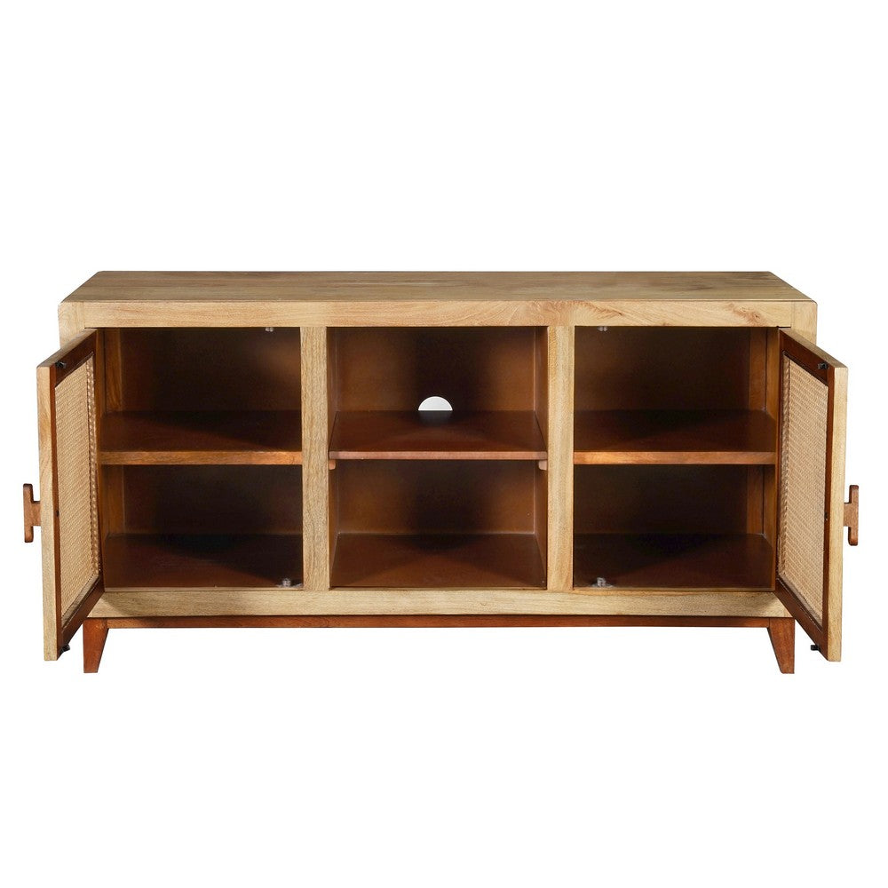 Aru 58 Inch Sideboard Buffet Cabinet, 2 Cane Doors n Open Shelves, 2 Tone Antique Brown Mango Wood - UPT-276365