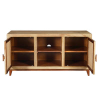 Aru 58 Inch Sideboard Buffet Cabinet, 2 Cane Doors n Open Shelves, 2 Tone Antique Brown Mango Wood - UPT-276365