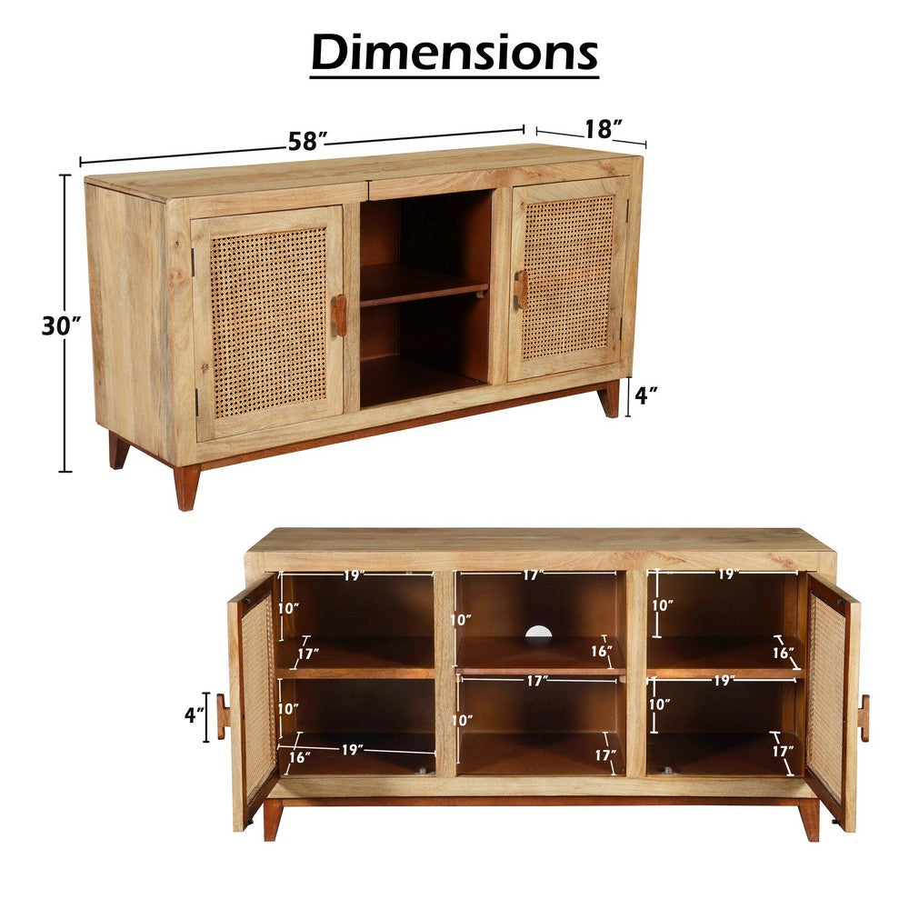 Aru 58 Inch Sideboard Buffet Cabinet, 2 Cane Doors n Open Shelves, 2 Tone Antique Brown Mango Wood - UPT-276365