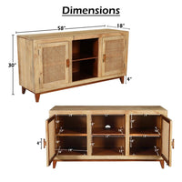 Aru 58 Inch Sideboard Buffet Cabinet, 2 Cane Doors n Open Shelves, 2 Tone Antique Brown Mango Wood - UPT-276365