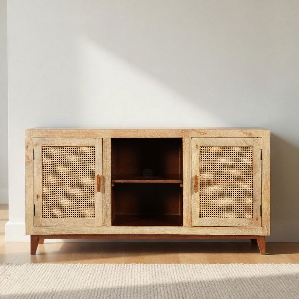 Aru 58 Inch Sideboard Buffet Cabinet, 2 Cane Doors n Open Shelves, 2 Tone Antique Brown Mango Wood - UPT-276365