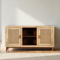 Aru 58 Inch Sideboard Buffet Cabinet, 2 Cane Doors n Open Shelves, 2 Tone Antique Brown Mango Wood - UPT-276365