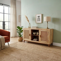 Aru 58 Inch Sideboard Buffet Cabinet, 2 Cane Doors n Open Shelves, 2 Tone Antique Brown Mango Wood - UPT-276365