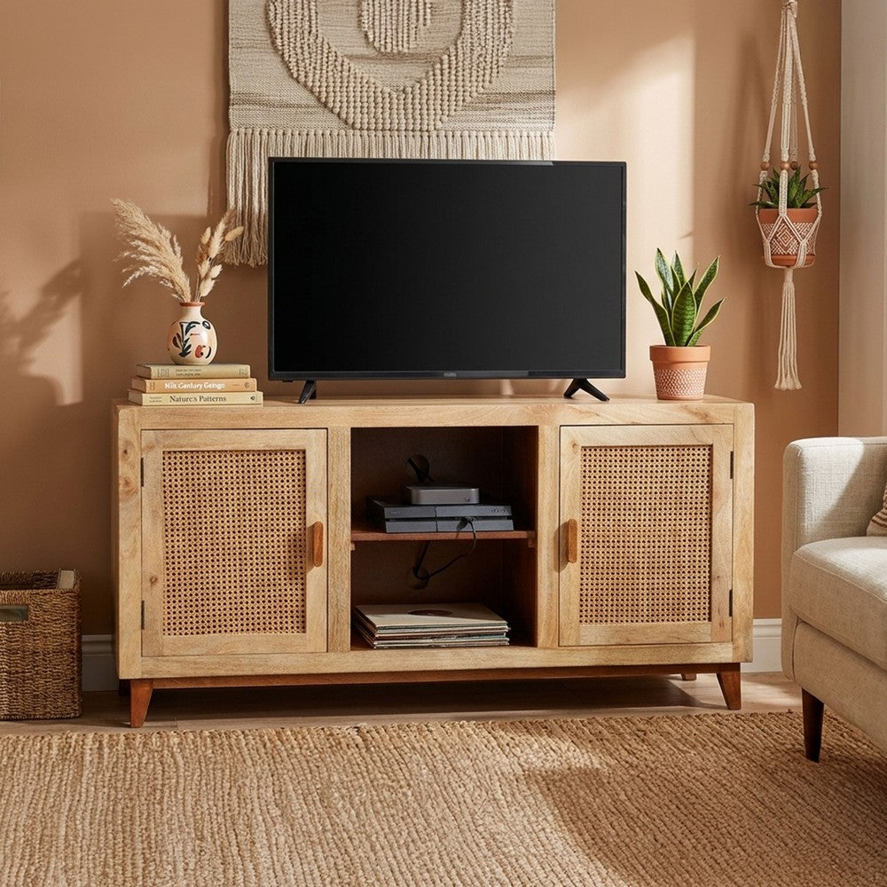 Aru 58 Inch Sideboard Buffet Cabinet, 2 Cane Doors n Open Shelves, 2 Tone Antique Brown Mango Wood - UPT-276365
