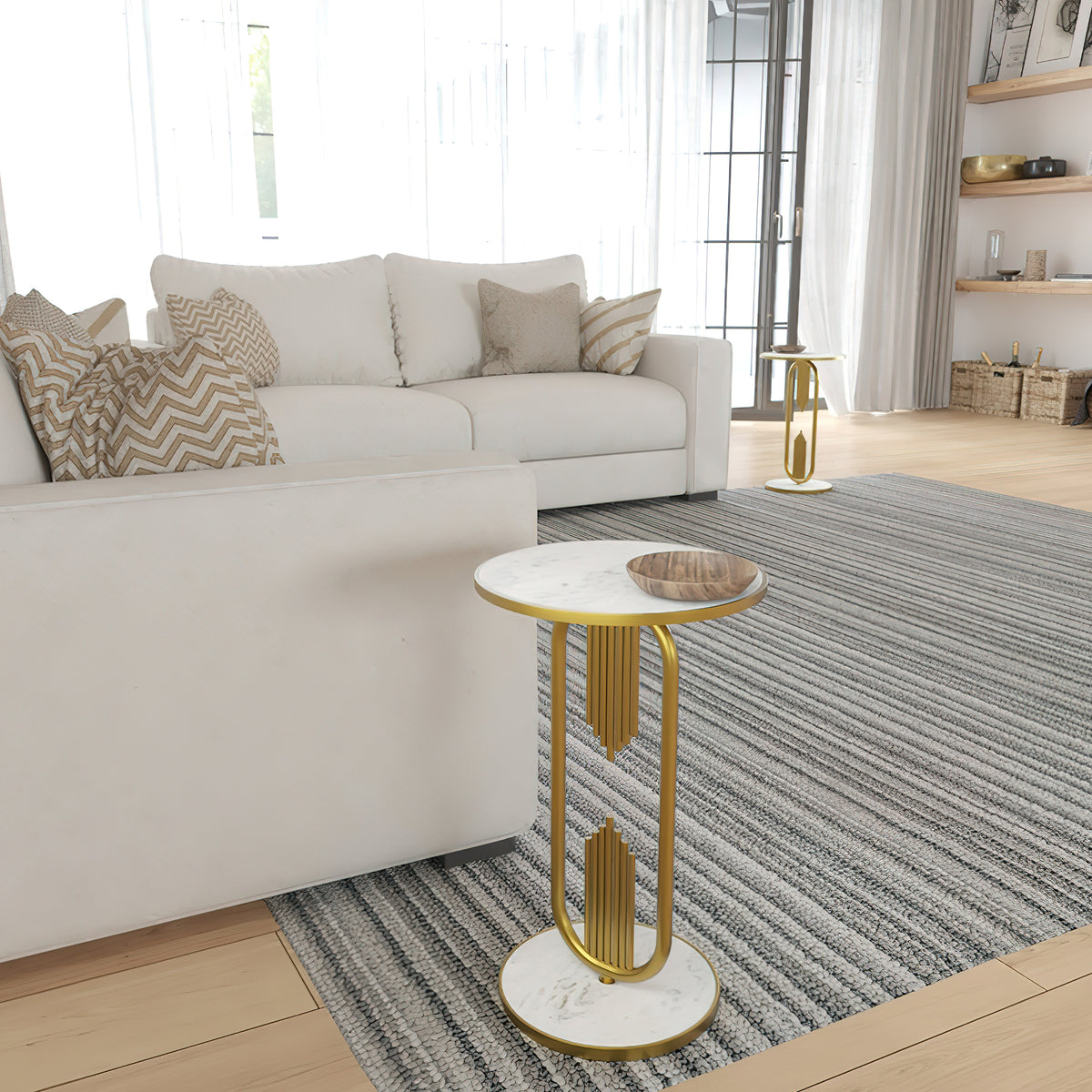 Soho Side End Table with Round Marble Top, Gold Oblong Frame, 21-Inch Height The Urban Port