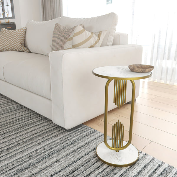 Soho Side End Table with Round Marble Top, Gold Oblong Frame, 21-Inch Height The Urban Port