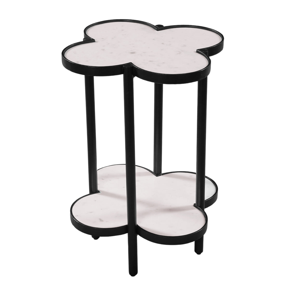 Side End Table, White Genuine Marble Clover Shape Top and Bottom Shelf, Black Iron Frame