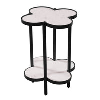 Side End Table, White Genuine Marble Clover Shape Top and Bottom Shelf, Black Iron Frame