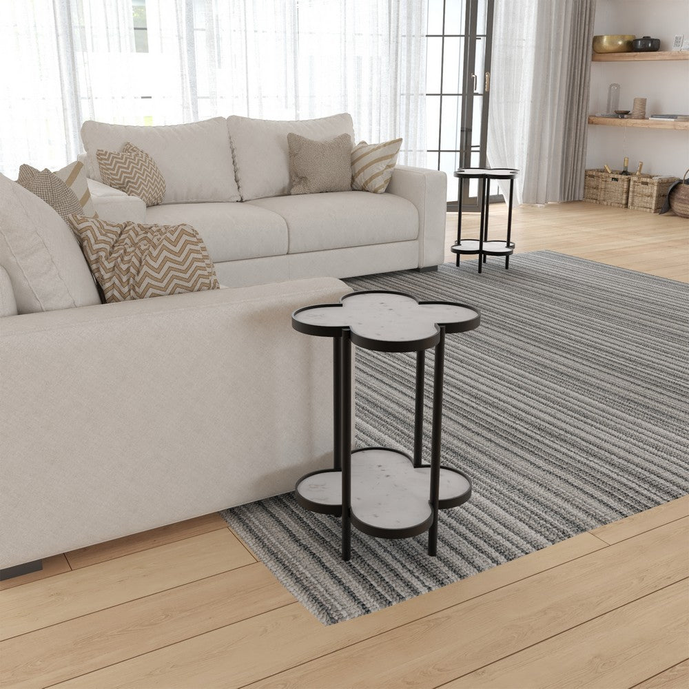 Chloe Side End Table, White Genuine Marble Clover Shape Top With Black Iron Frame - UPT-276372