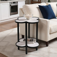 Side End Table, White Genuine Marble Clover Shape Top and Bottom Shelf, Black Iron Frame