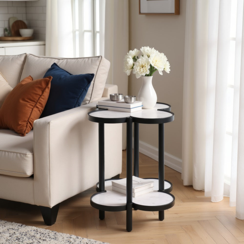 Side End Table, White Genuine Marble Clover Shape Top and Bottom Shelf, Black Iron Frame