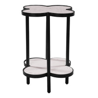 Side End Table, White Genuine Marble Clover Shape Top and Bottom Shelf, Black Iron Frame