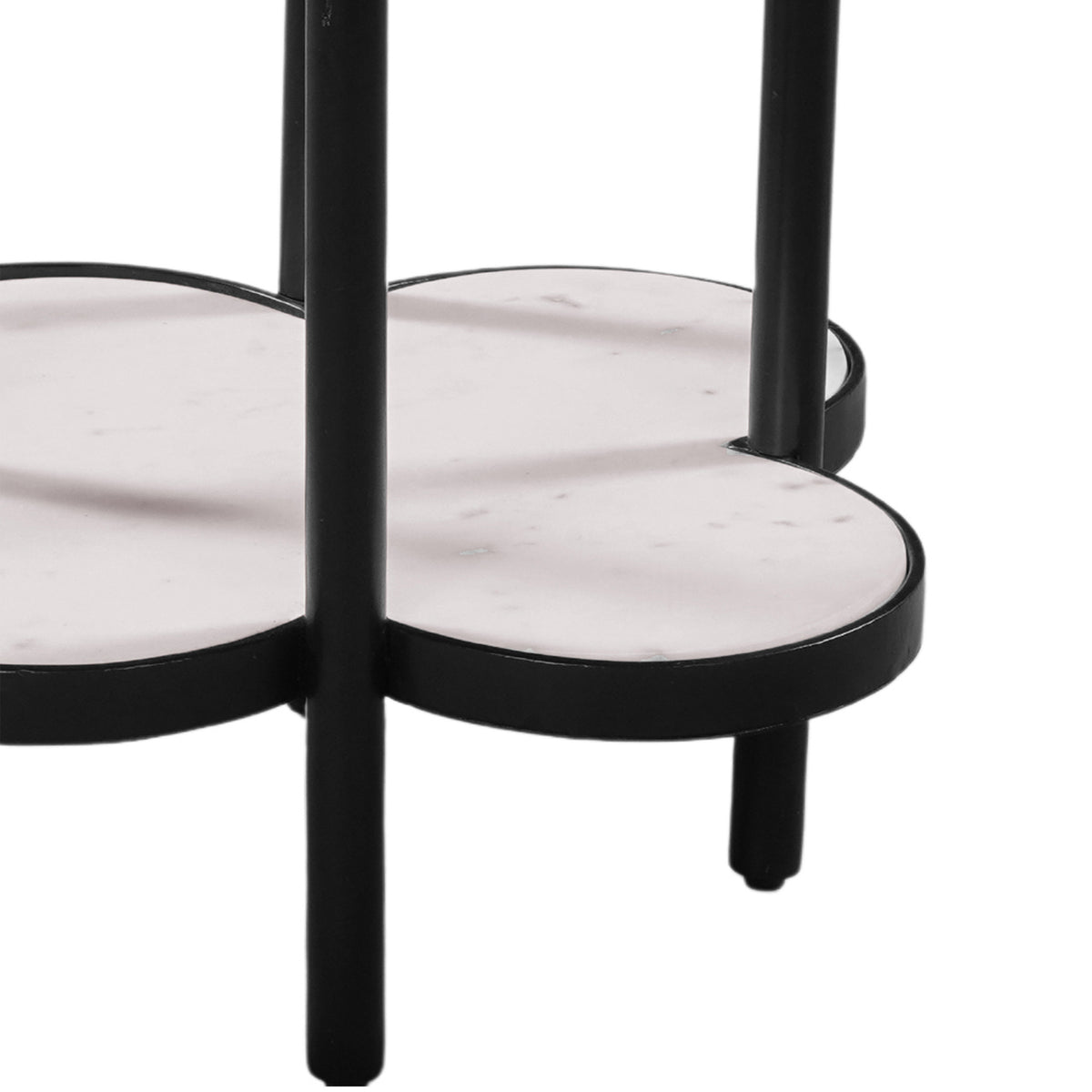 Side End Table, White Genuine Marble Clover Shape Top and Bottom Shelf, Black Iron Frame