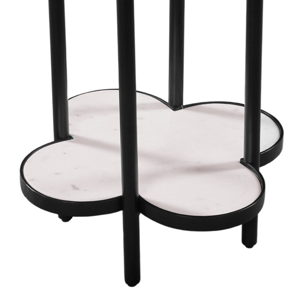 Chloe Side End Table, White Genuine Marble Clover Shape Top With Black Iron Frame - UPT-276372