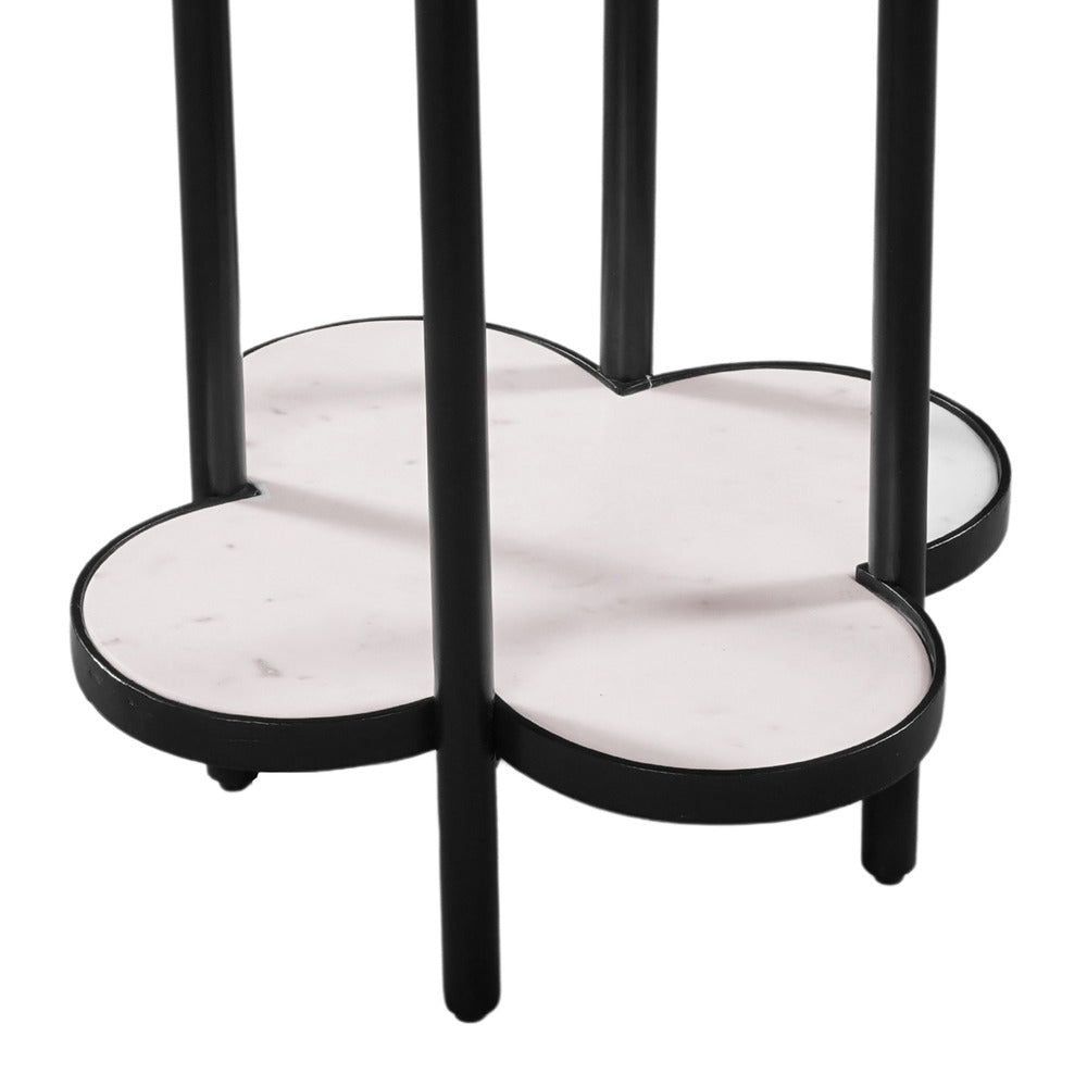 Side End Table, White Genuine Marble Clover Shape Top and Bottom Shelf, Black Iron Frame