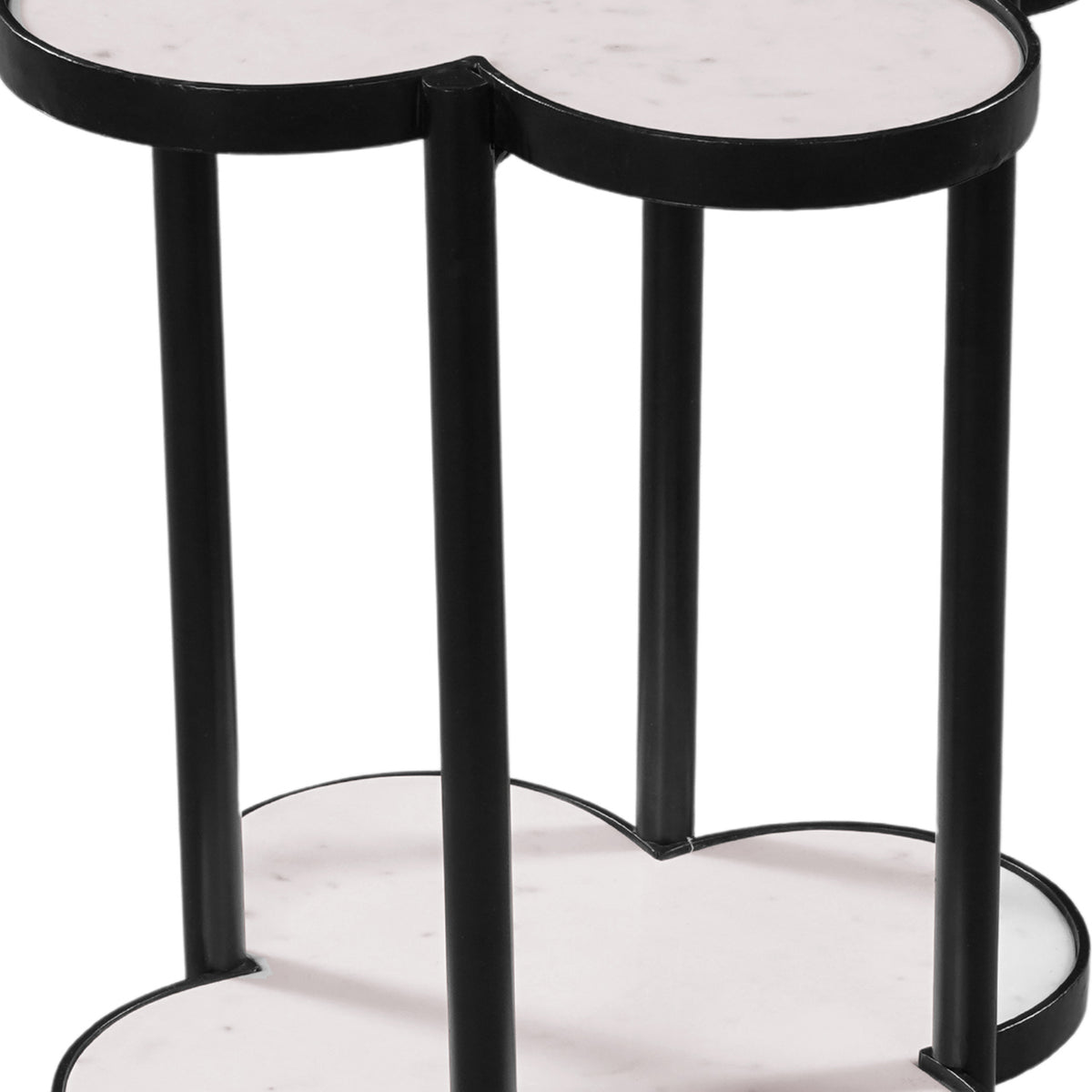 Side End Table, White Genuine Marble Clover Shape Top and Bottom Shelf, Black Iron Frame