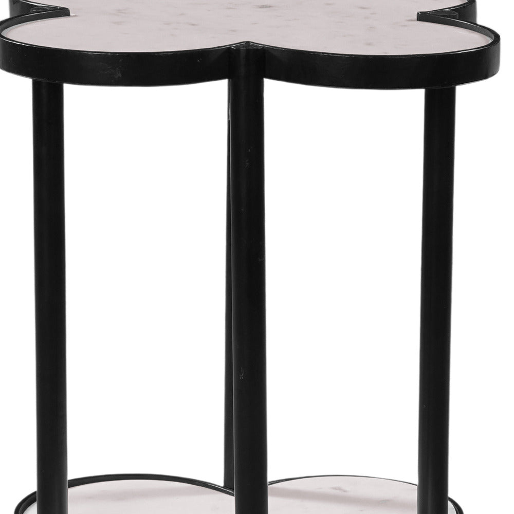 Side End Table, White Genuine Marble Clover Shape Top and Bottom Shelf, Black Iron Frame