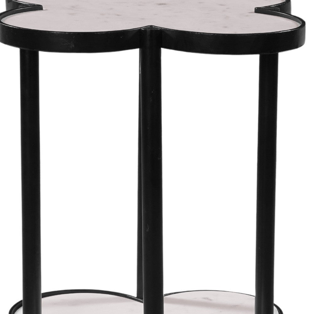 Chloe Side End Table, White Genuine Marble Clover Shape Top With Black Iron Frame - UPT-276372