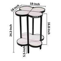 Side End Table, White Genuine Marble Clover Shape Top and Bottom Shelf, Black Iron Frame