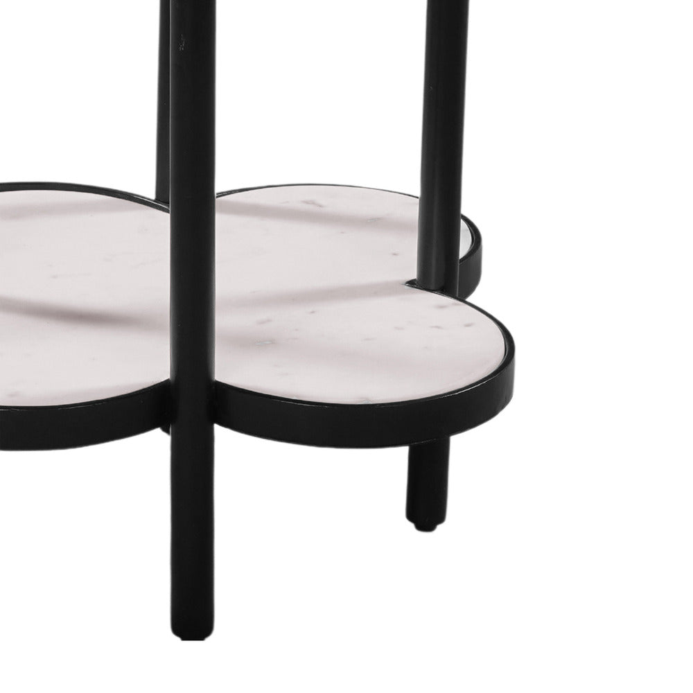 Side End Table, White Genuine Marble Clover Shape Top and Bottom Shelf, Black Iron Frame