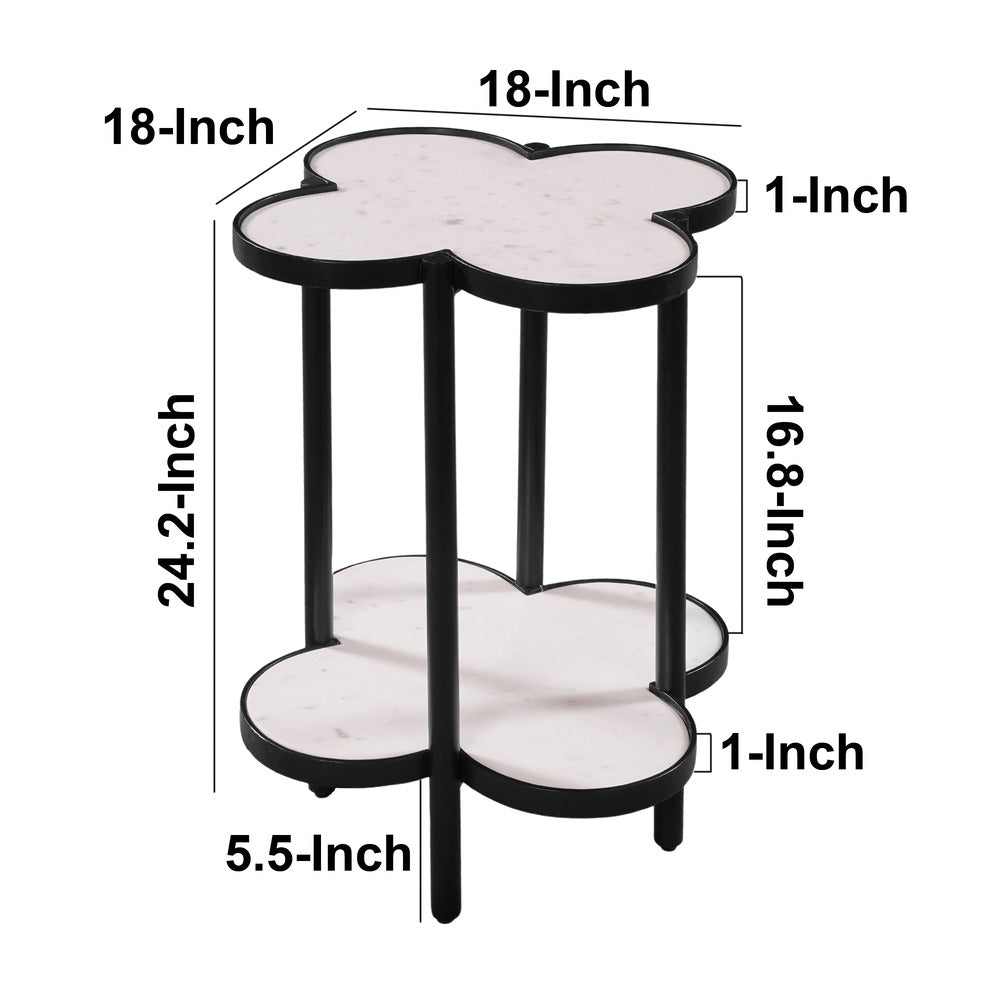 Chloe Side End Table, White Genuine Marble Clover Shape Top With Black Iron Frame - UPT-276372