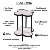 Chloe Side End Table, White Genuine Marble Clover Shape Top With Black Iron Frame - UPT-276372