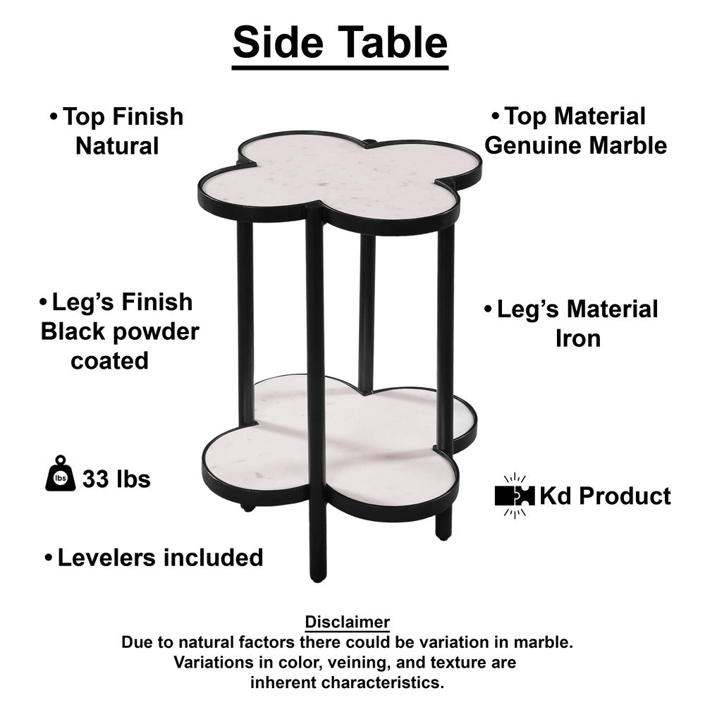 Side End Table, White Genuine Marble Clover Shape Top and Bottom Shelf, Black Iron Frame