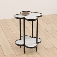 Side End Table, White Genuine Marble Clover Shape Top and Bottom Shelf, Black Iron Frame