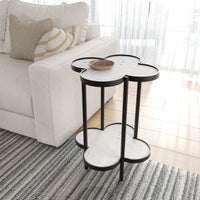 Side End Table, White Genuine Marble Clover Shape Top and Bottom Shelf, Black Iron Frame