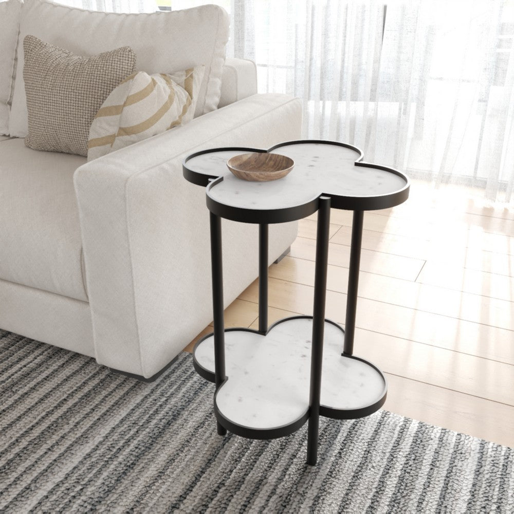 Chloe Side End Table, White Genuine Marble Clover Shape Top With Black Iron Frame - UPT-276372