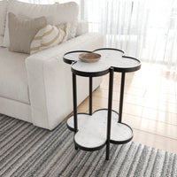 Chloe Side End Table, White Genuine Marble Clover Shape Top With Black Iron Frame - UPT-276372