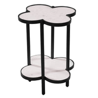 Side End Table, White Genuine Marble Clover Shape Top and Bottom Shelf, Black Iron Frame