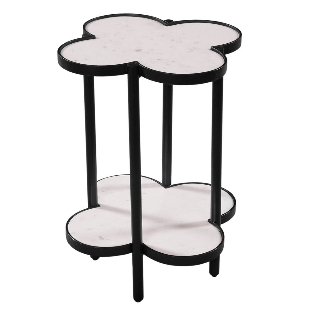 Chloe Side End Table, White Genuine Marble Clover Shape Top With Black Iron Frame - UPT-276372