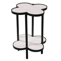 Chloe Side End Table, White Genuine Marble Clover Shape Top With Black Iron Frame - UPT-276372
