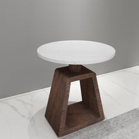 Port Blair Side End Table, Round White Genuine Marble Top with Handcrafted Mango Wood 16.5 Inch