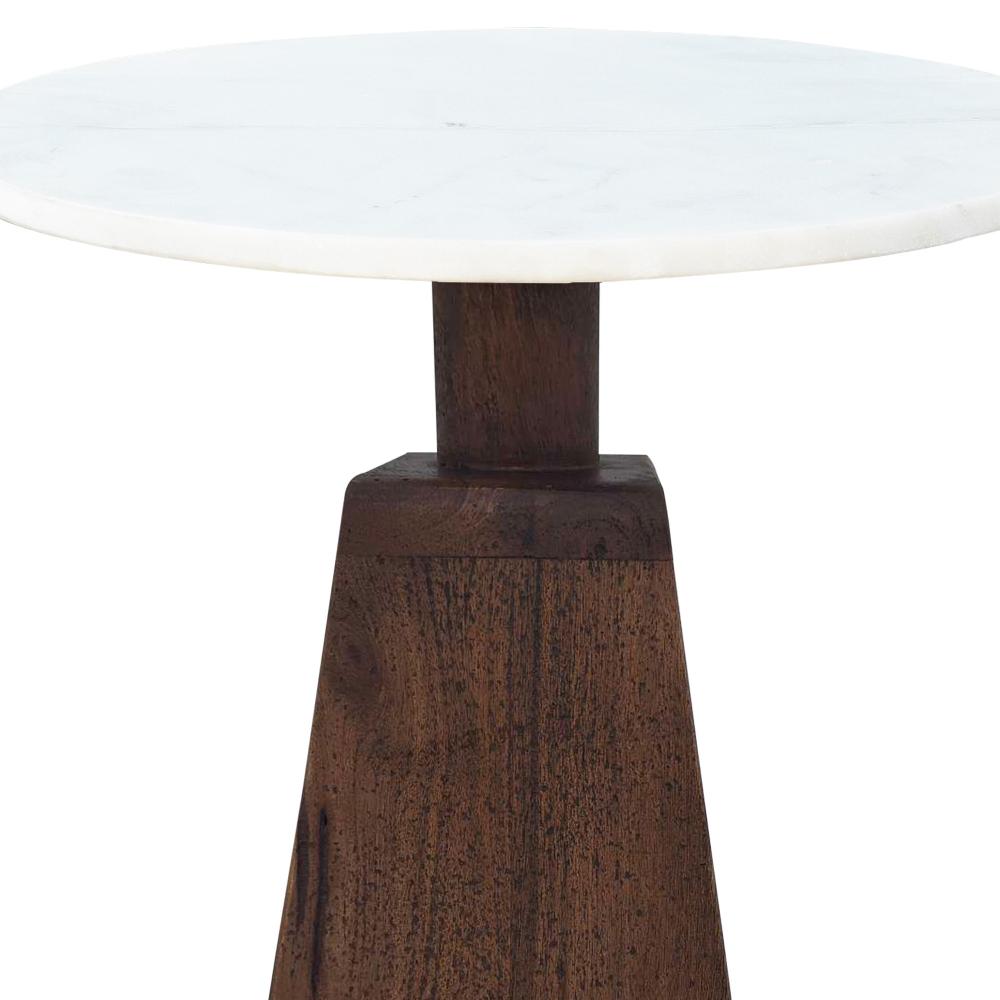 Port Blair Side End Table, Round White Genuine Marble Top with Handcrafted Mango Wood 16.5 Inch