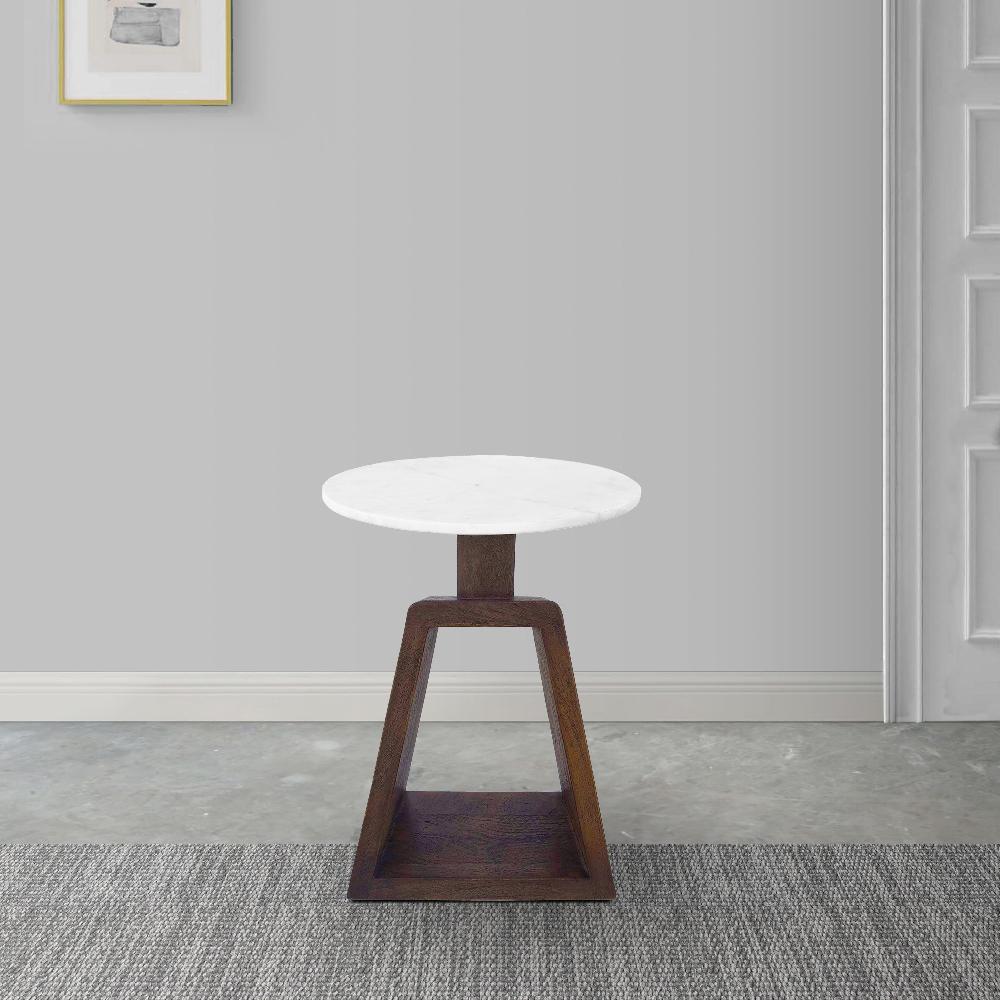 Port Blair Side End Table, Round White Genuine Marble Top with Handcrafted Mango Wood 16.5 Inch