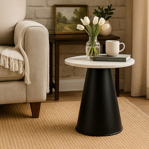 Riko Side End Table, White Natural Marble 18 Inch Round Top, Modern Black Pedestal Base - UPT-276374