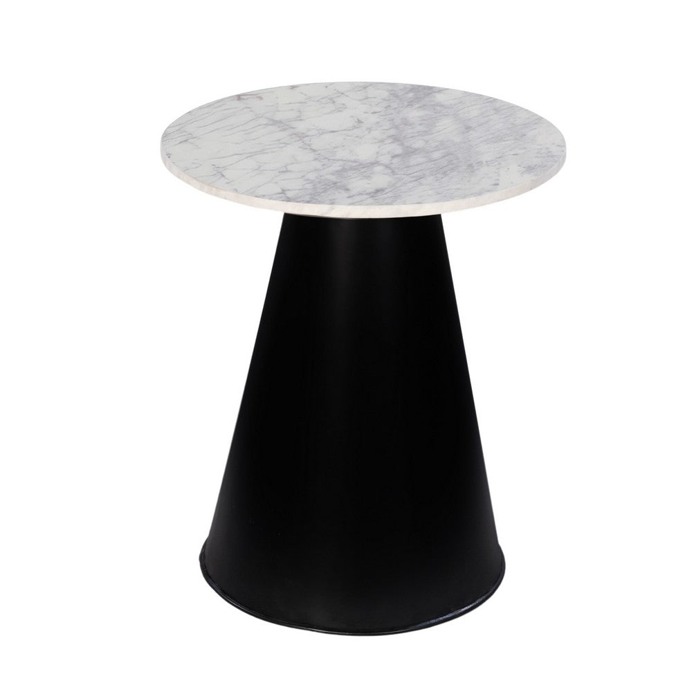 Riko Side End Table, White Natural Marble 18 Inch Round Top, Modern Black Pedestal Base - UPT-276374
