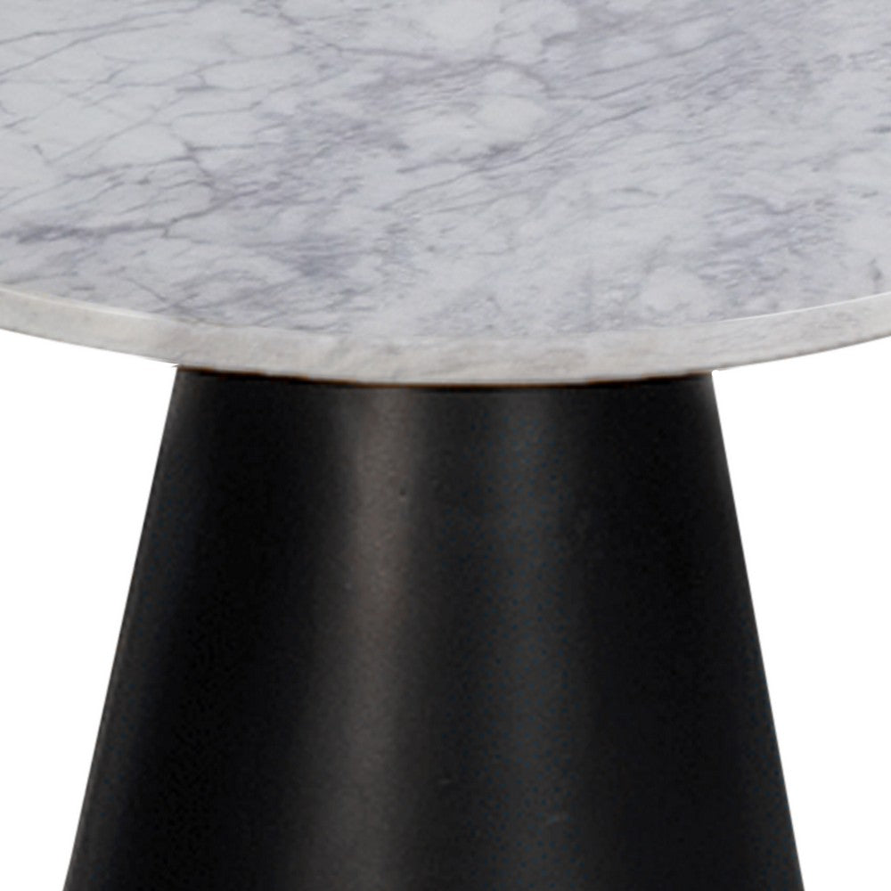 Riko Side End Table, White Natural Marble 18 Inch Round Top, Modern Black Pedestal Base - UPT-276374