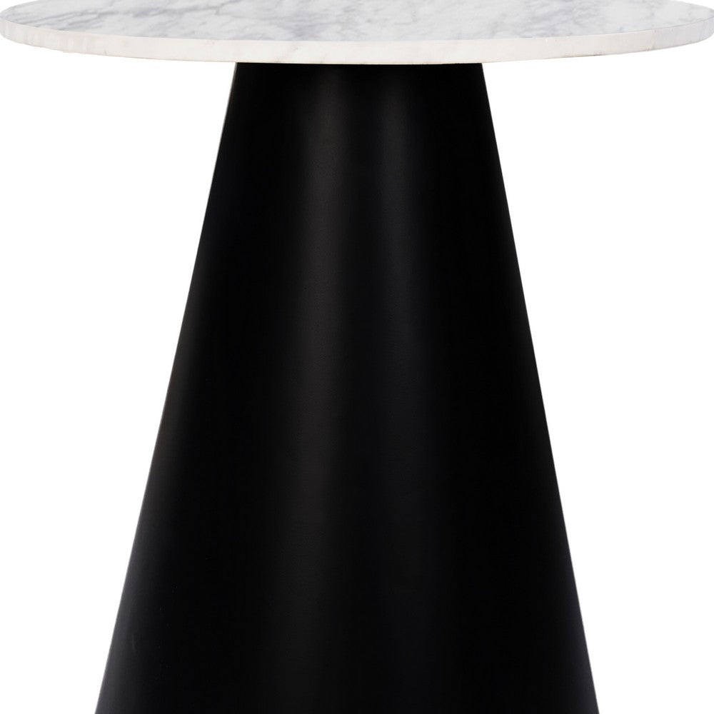 Riko Side End Table, White Natural Marble 18 Inch Round Top, Modern Black Pedestal Base - UPT-276374